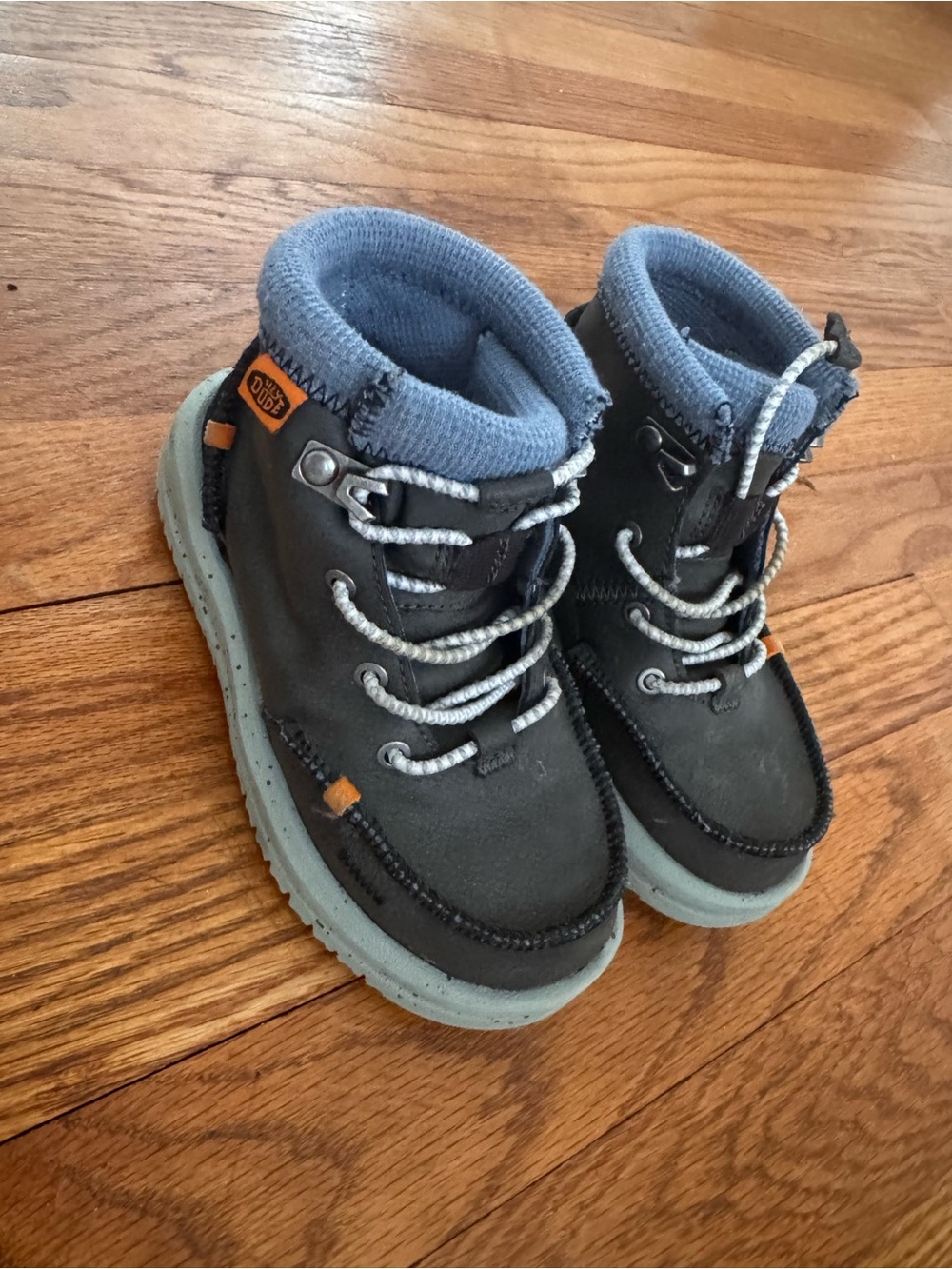 Hey Dude Kids Charcoal Boots with Blue Collars and Orange Tabs
